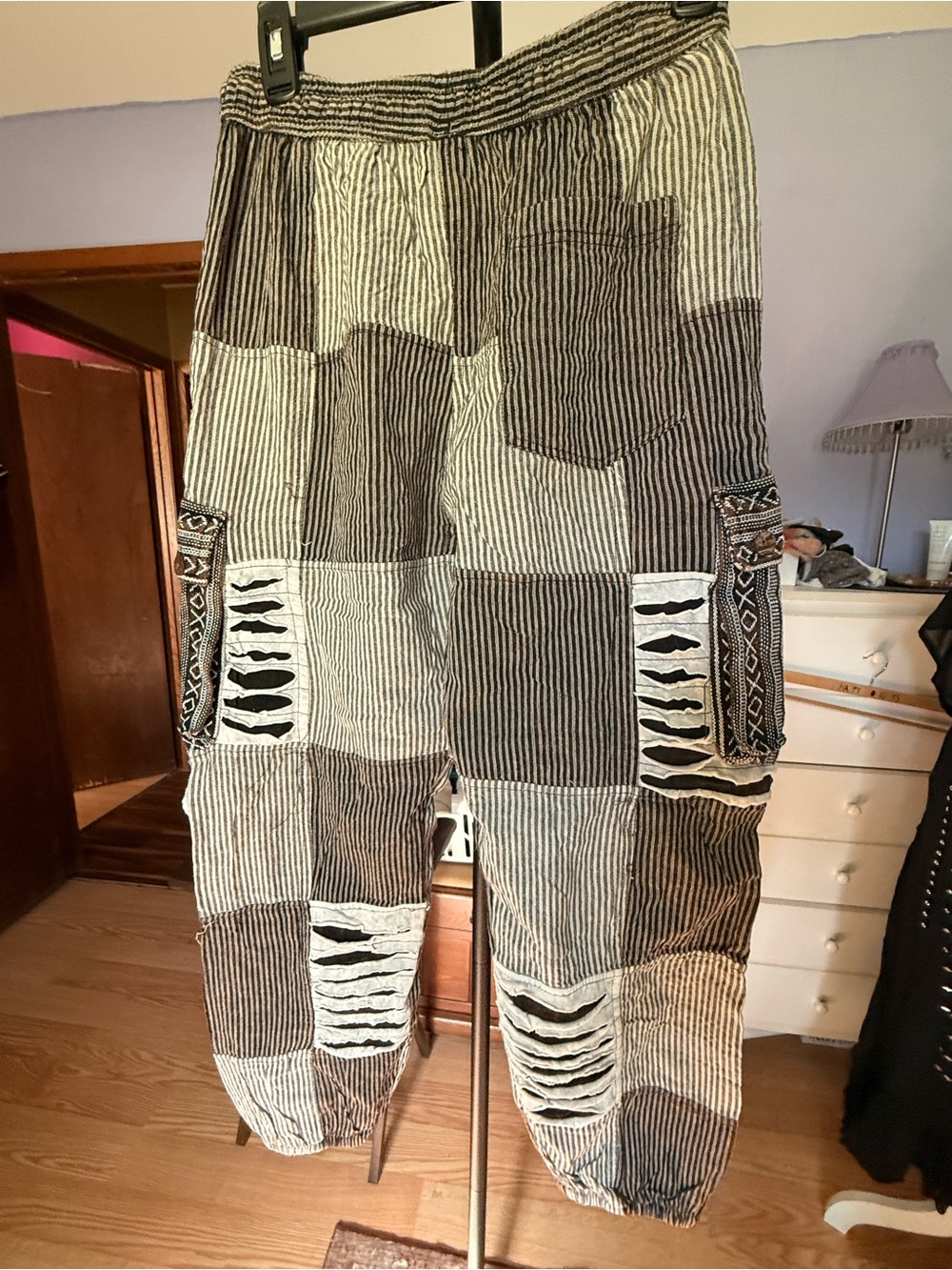 NWOT Boho Patchwork Striped Pants in Black & Cream - Picture 3 of 3